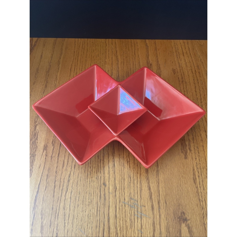 Retro Red Ceramic Geometric Candy/Relish Candy‎ Dish 12x8